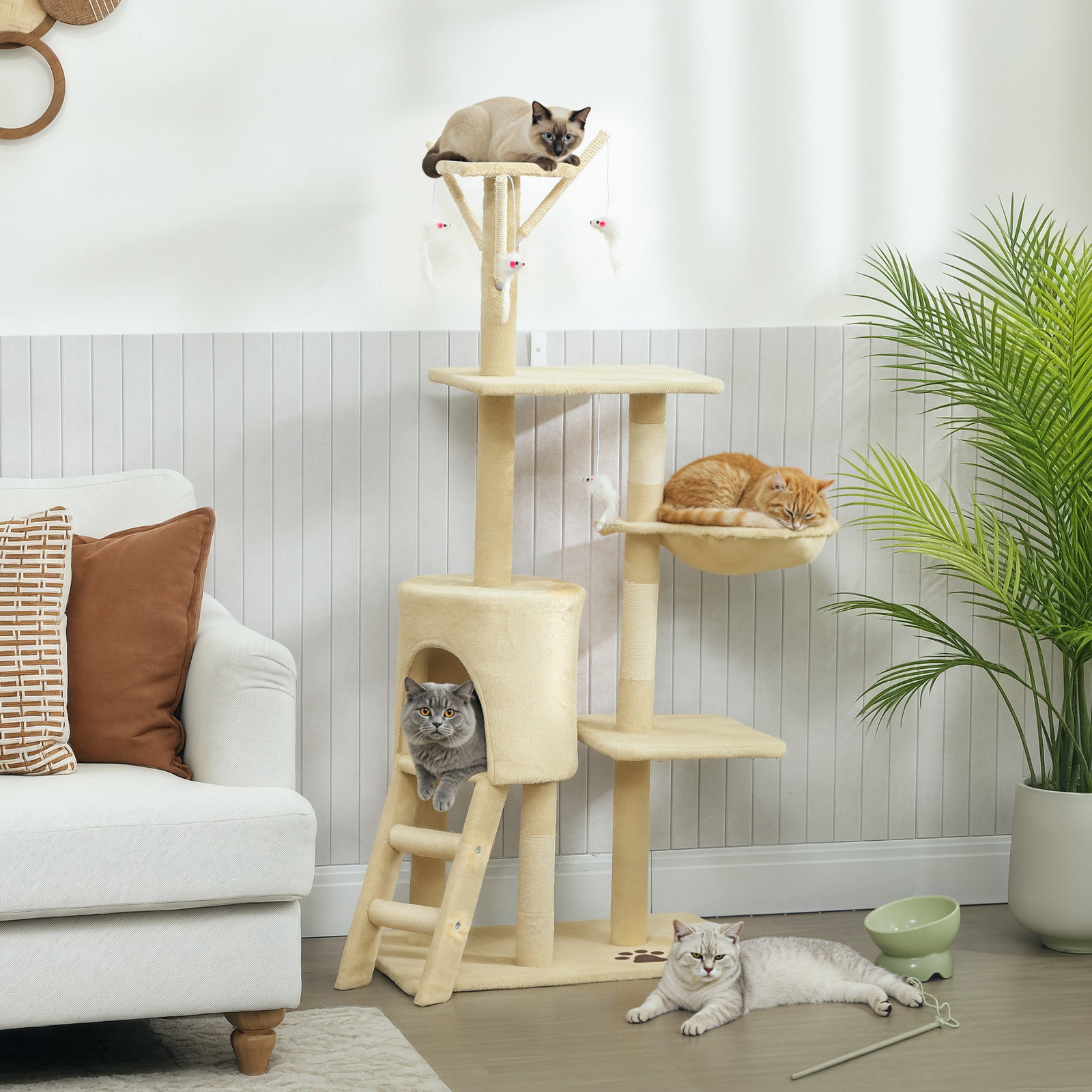 Arranhador para gatos com caverna plataformas rato de brinquedo rede e postes de sisal 60x35x134 cm bege