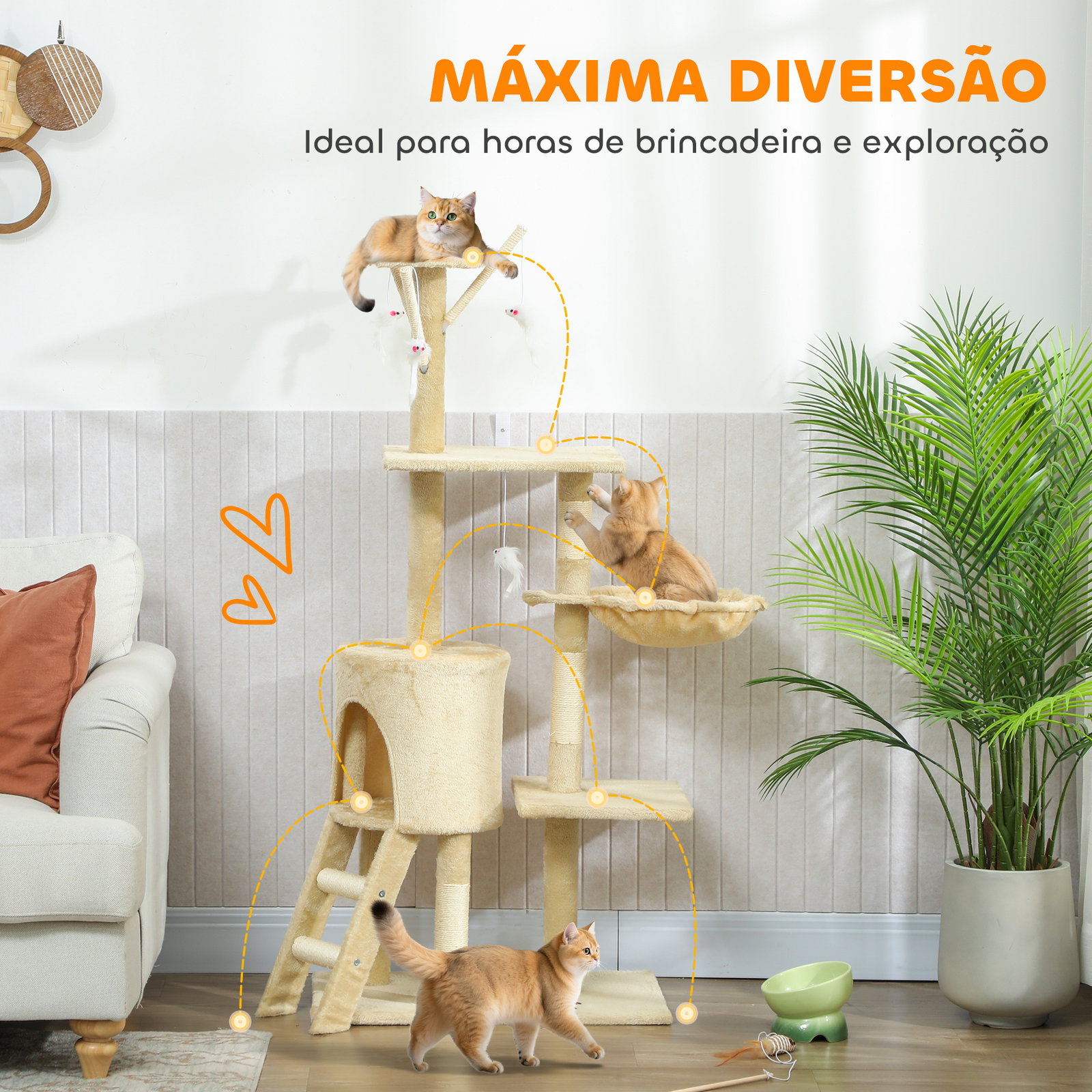 Arranhador para gatos com caverna plataformas rato de brinquedo rede e postes de sisal 60x35x134 cm bege