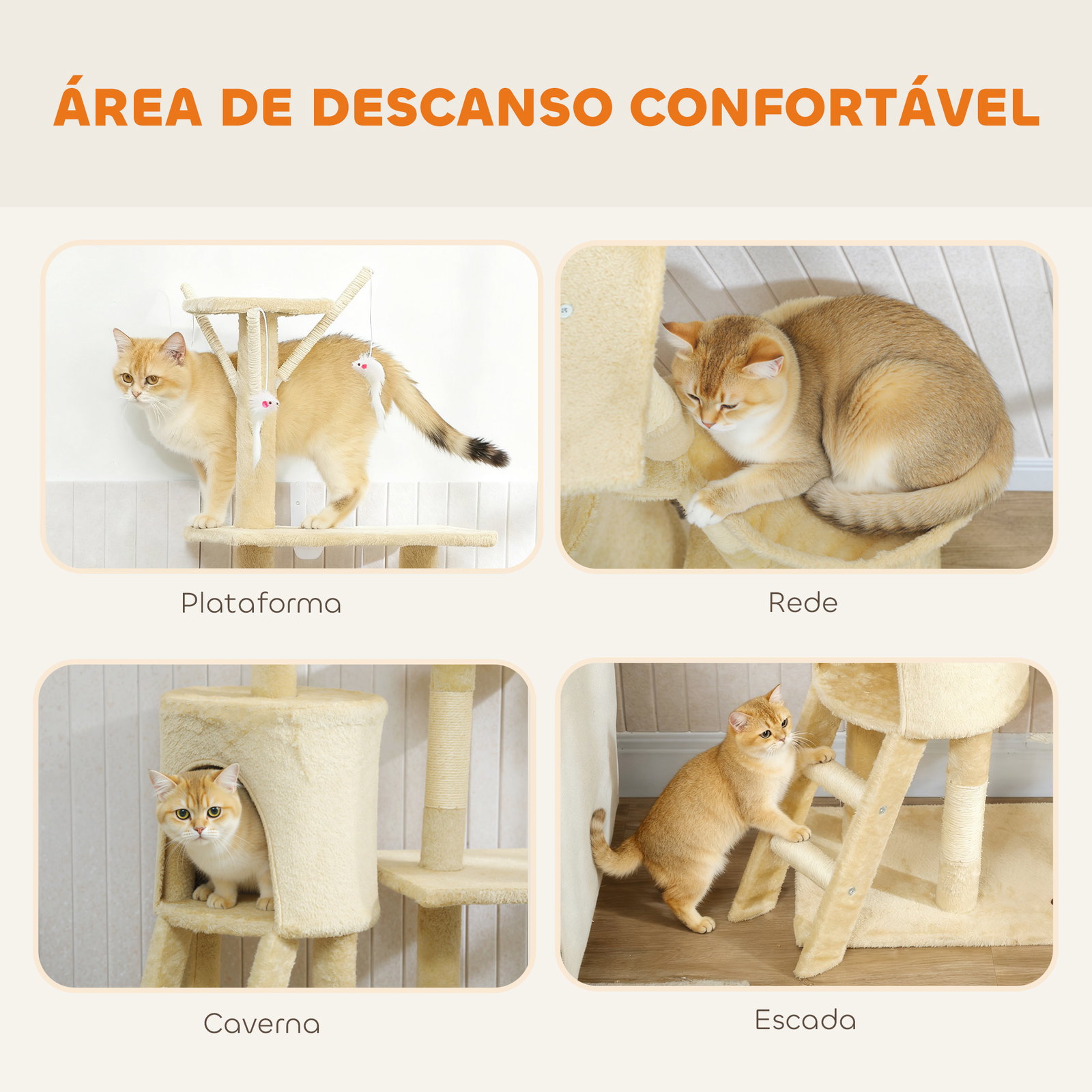 Arranhador para gatos com caverna plataformas rato de brinquedo rede e postes de sisal 60x35x134 cm bege
