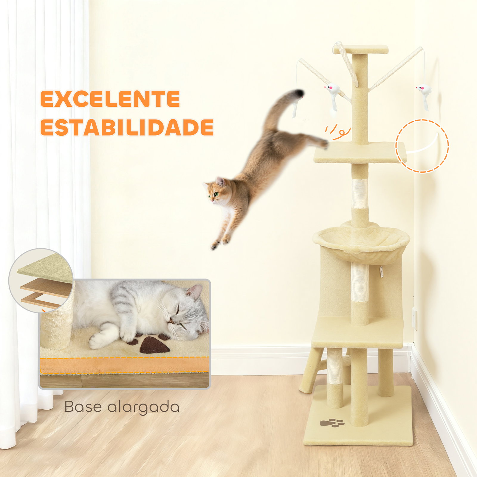 Arranhador para gatos com caverna plataformas rato de brinquedo rede e postes de sisal 60x35x134 cm bege