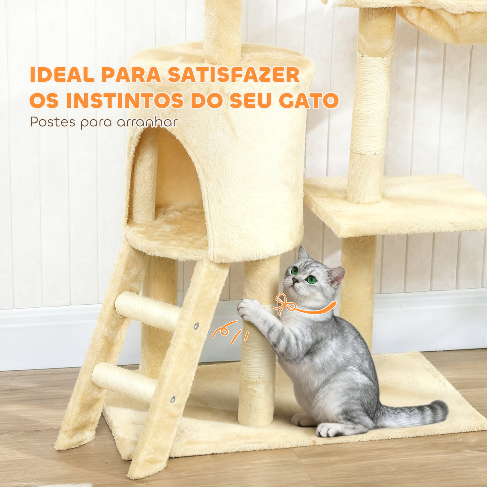 Arranhador para gatos com caverna plataformas rato de brinquedo rede e postes de sisal 60x35x134 cm bege