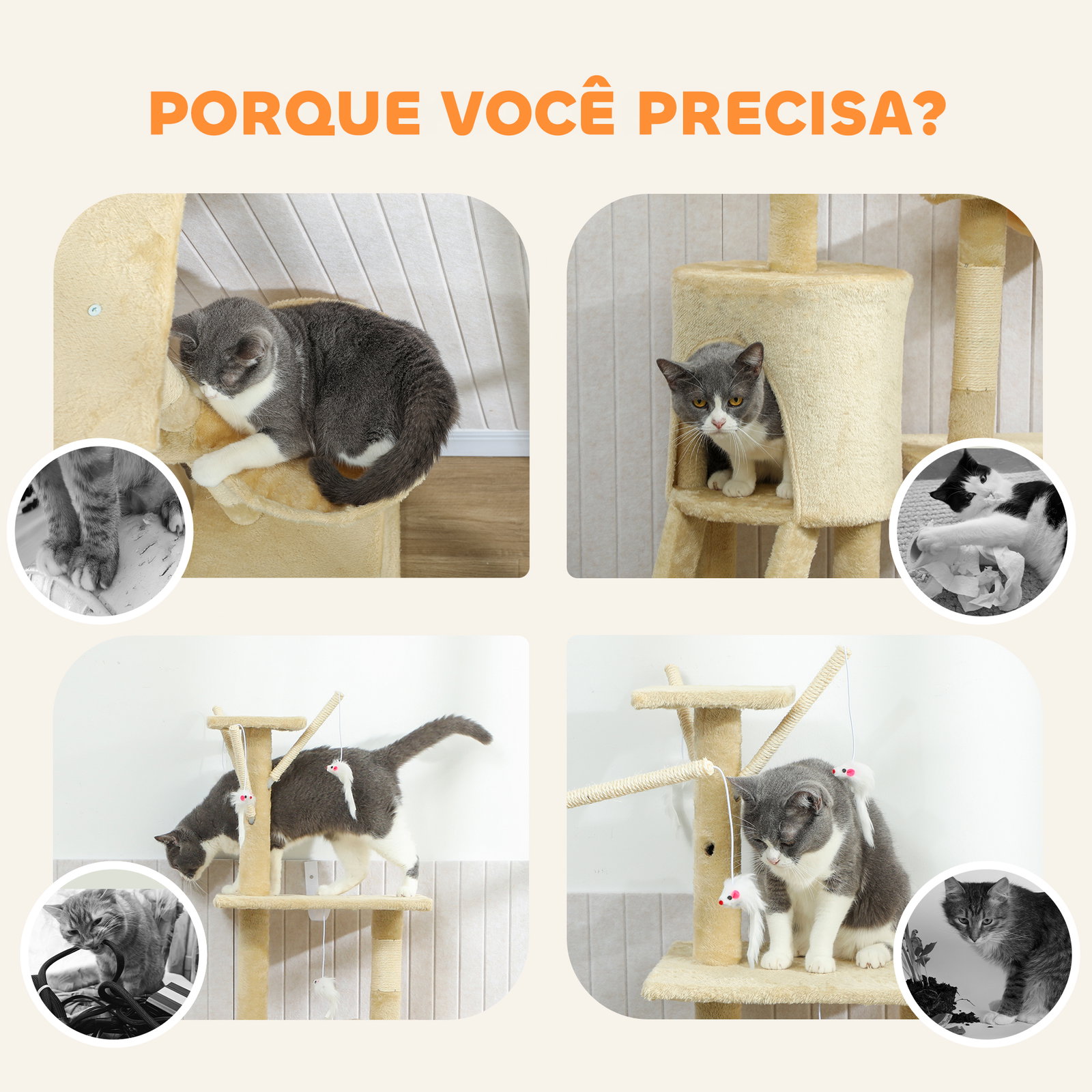 Arranhador para gatos com caverna plataformas rato de brinquedo rede e postes de sisal 60x35x134 cm bege