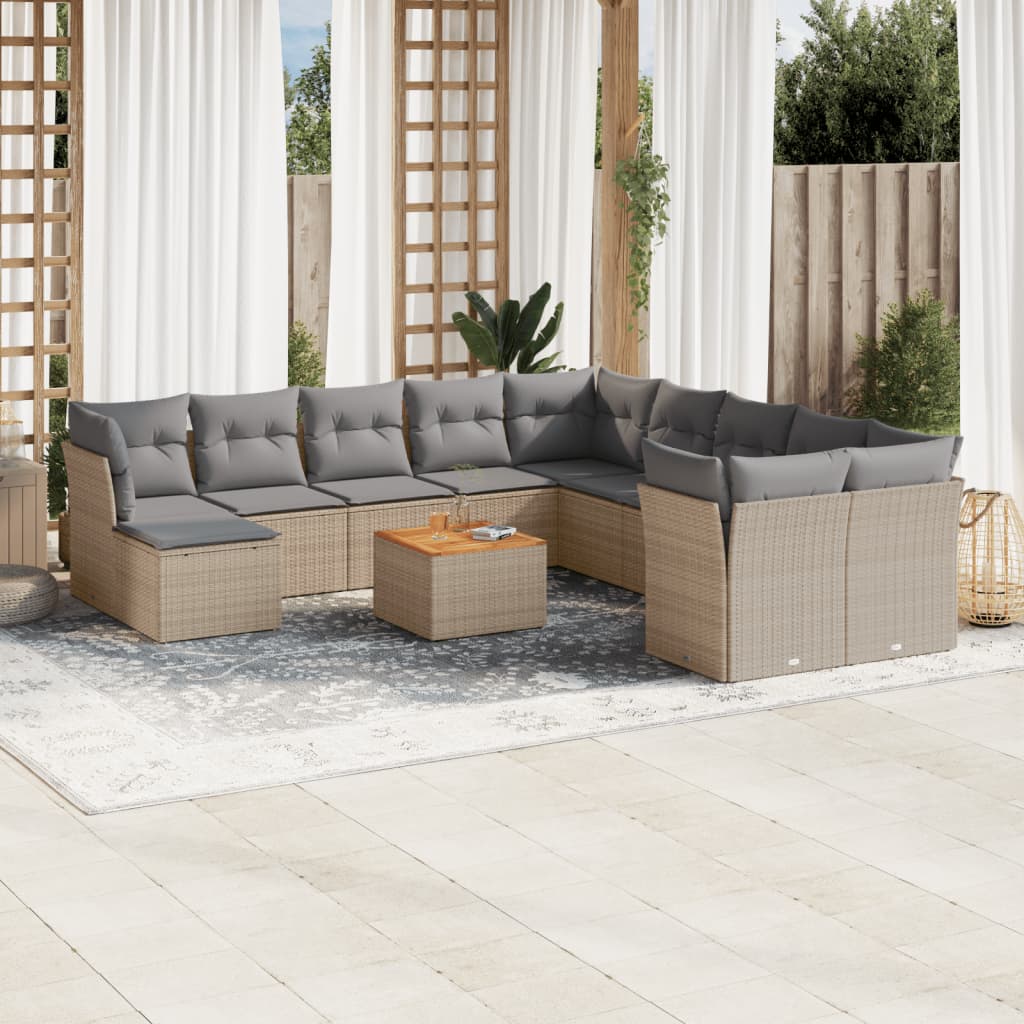 12 Pcs conjunto de sofás p/ jardim com almofadões vime PE bege