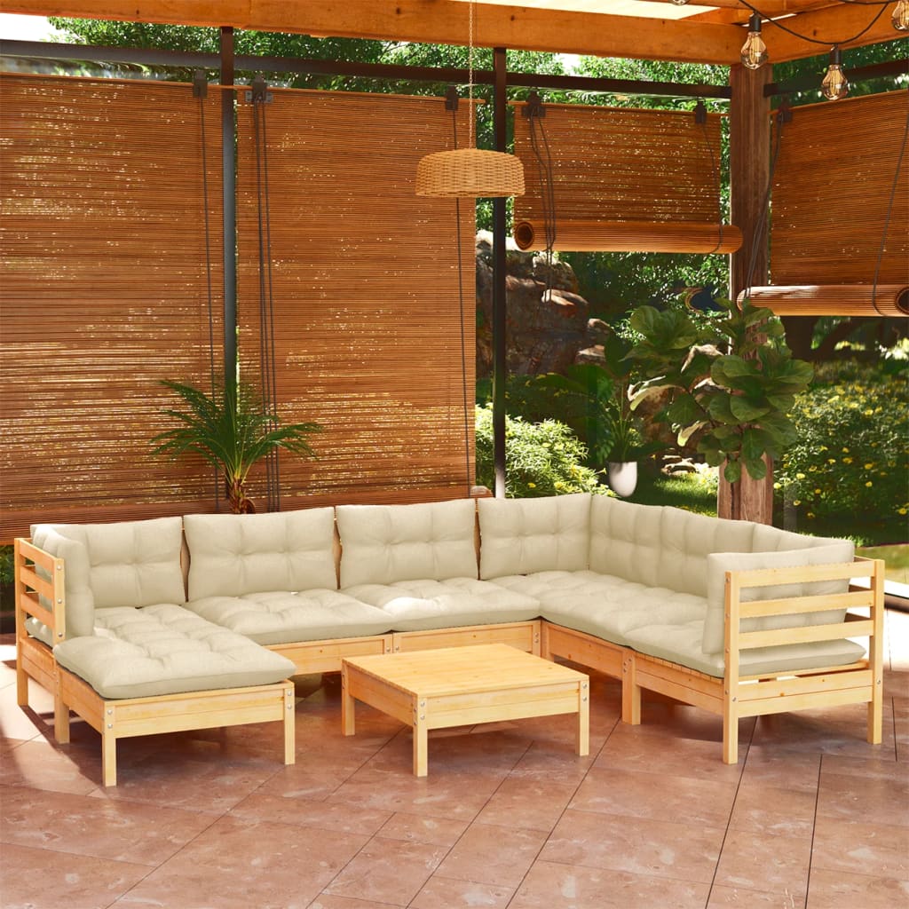 8 Pcs conjunto lounge jardim c/ almofadões creme pinho maciço