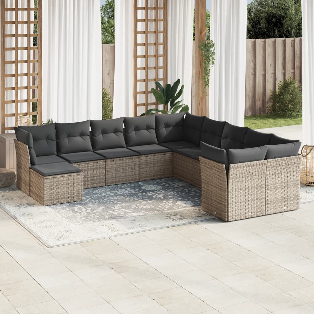 11 Pcs conjunto sofás de jardim c/ almofadões vime PE cinzento
