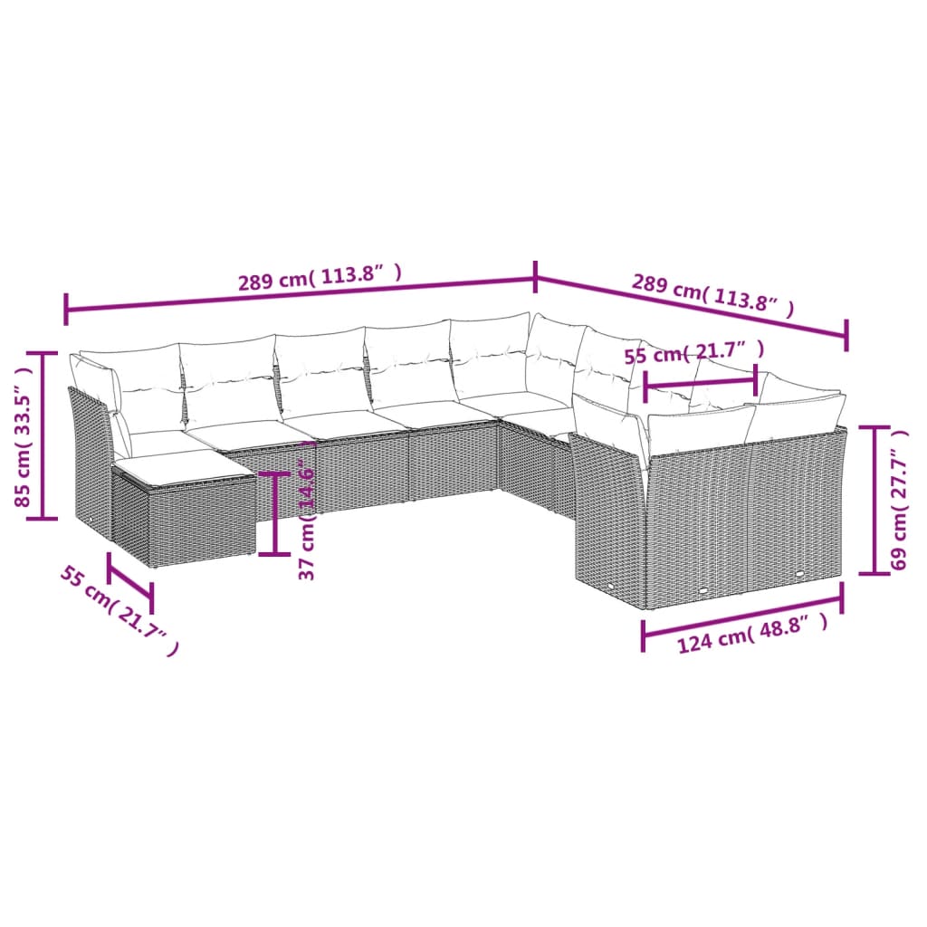 11 Pcs conjunto sofás de jardim c/ almofadões vime PE cinzento