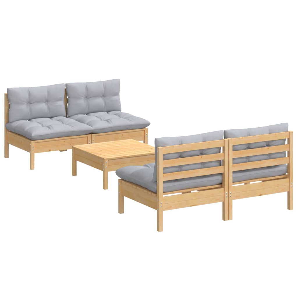 5 Pcs conjunto lounge de jardim c/ almofadões cinzentos pinho