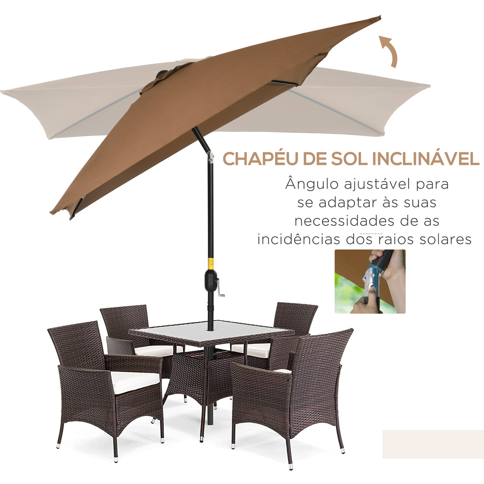 Chapéu de sol de alumínio retangular com toldo inclinável a manivela e mastro desmontável 202x293x255 cm marrom