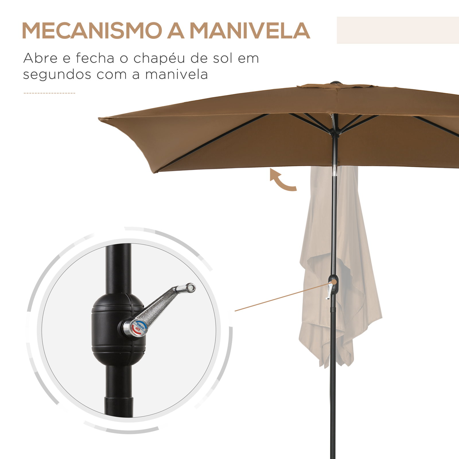 Chapéu de sol de alumínio retangular com toldo inclinável a manivela e mastro desmontável 202x293x255 cm marrom