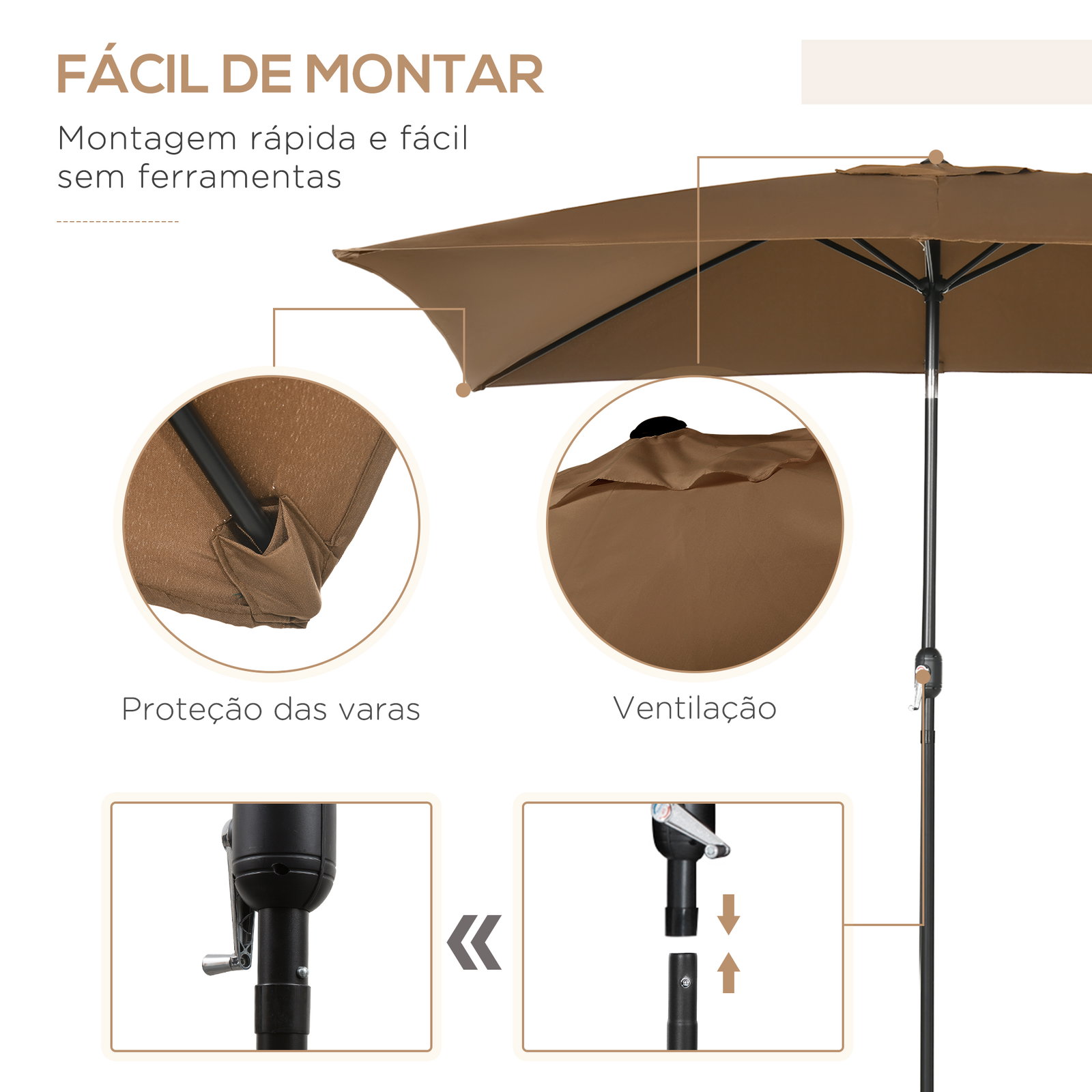 Chapéu de sol de alumínio retangular com toldo inclinável a manivela e mastro desmontável 202x293x255 cm marrom
