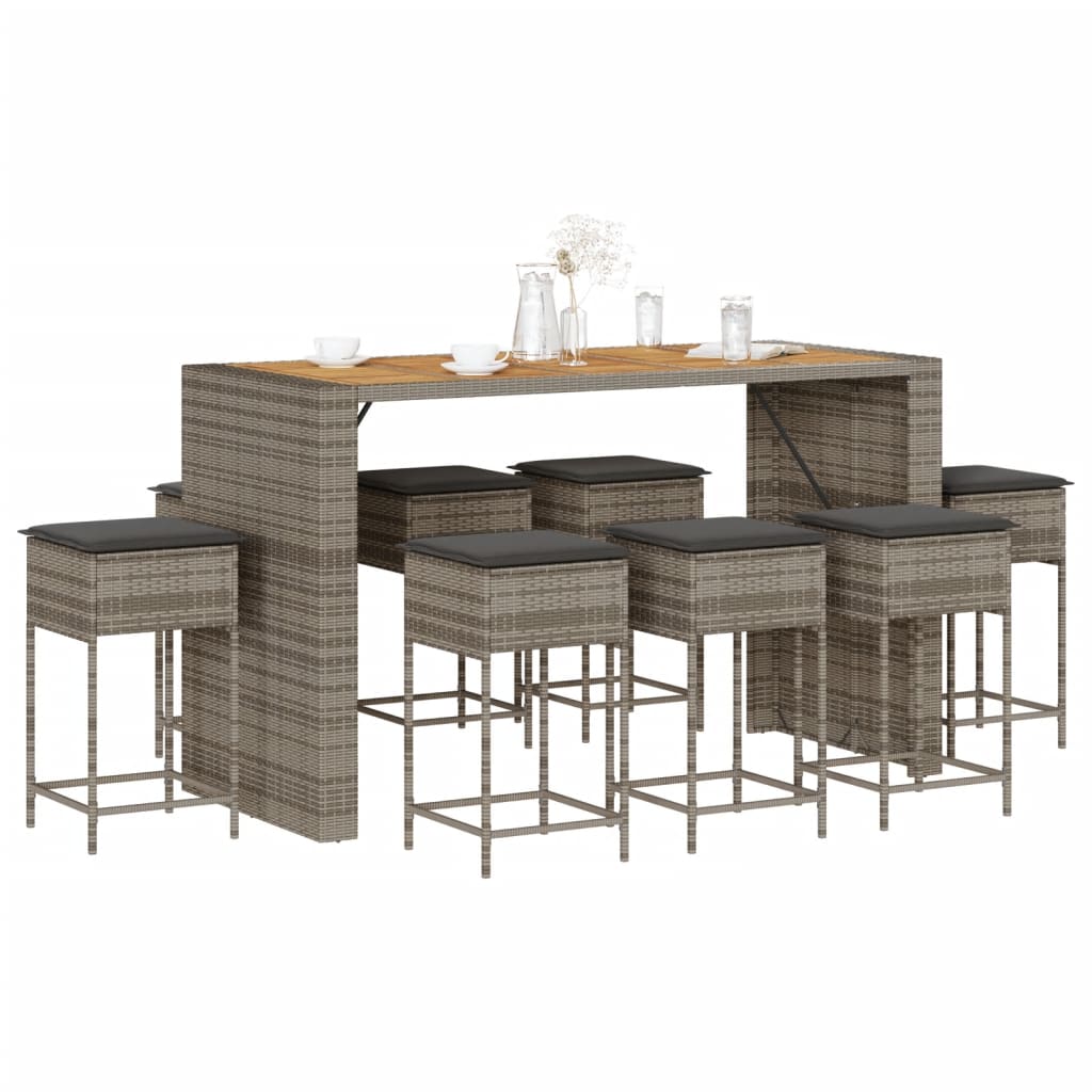 9 Pcs conjunto de bar p/ jardim c/ almofadões vime PE cinzento
