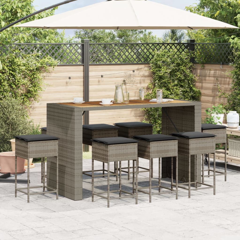 9 Pcs conjunto de bar p/ jardim c/ almofadões vime PE cinzento
