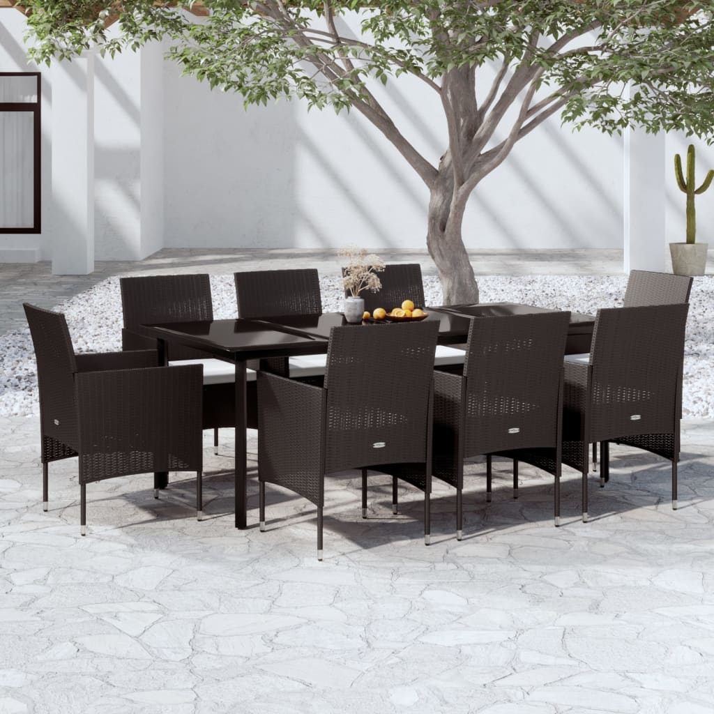 9 Pcs conjunto de jantar para jardim com almofadões preto