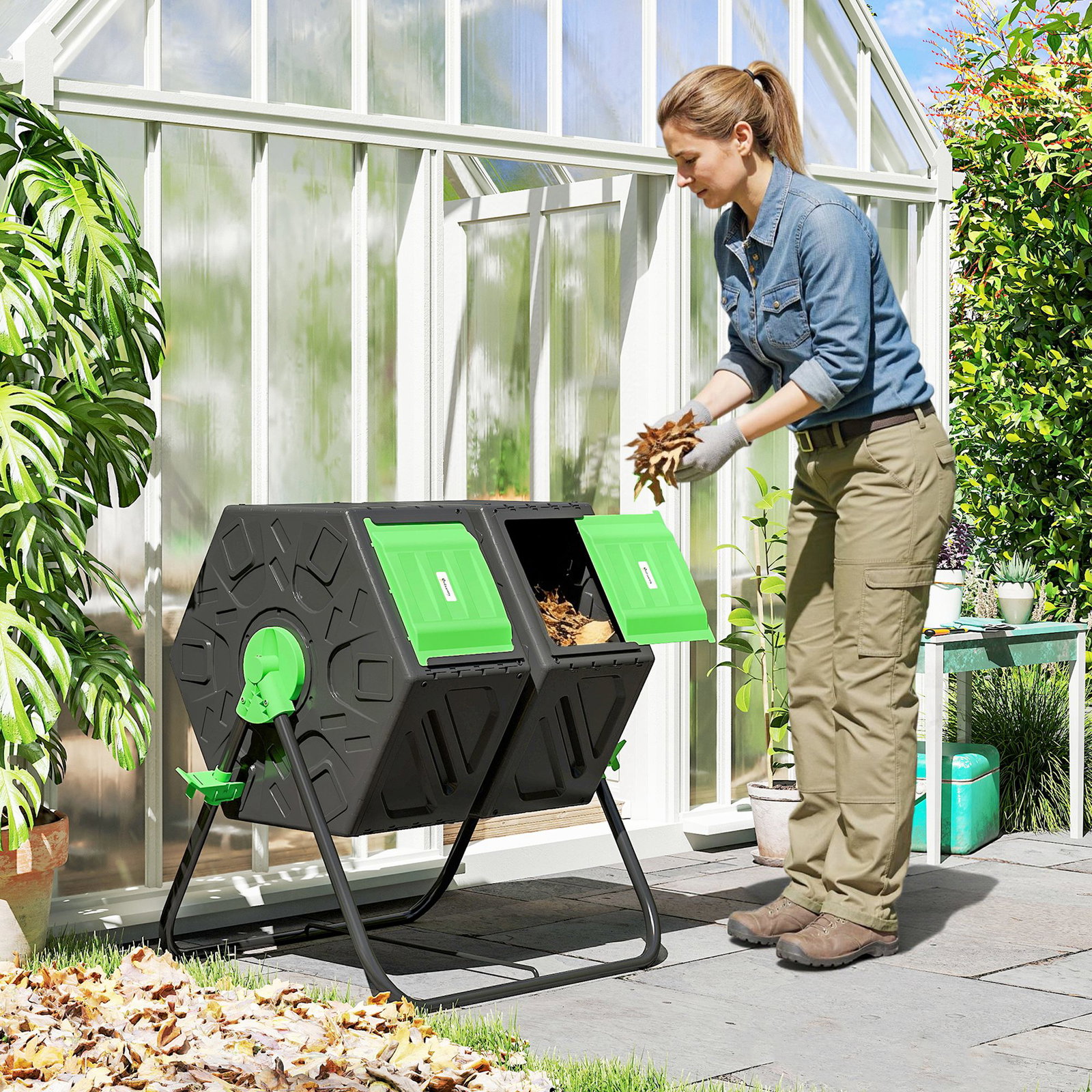Compostor giratório de 130l recipiente de compostagem de jardim de dupla câmara com aberturas de ventilação 67x60x77 cm preto e verde