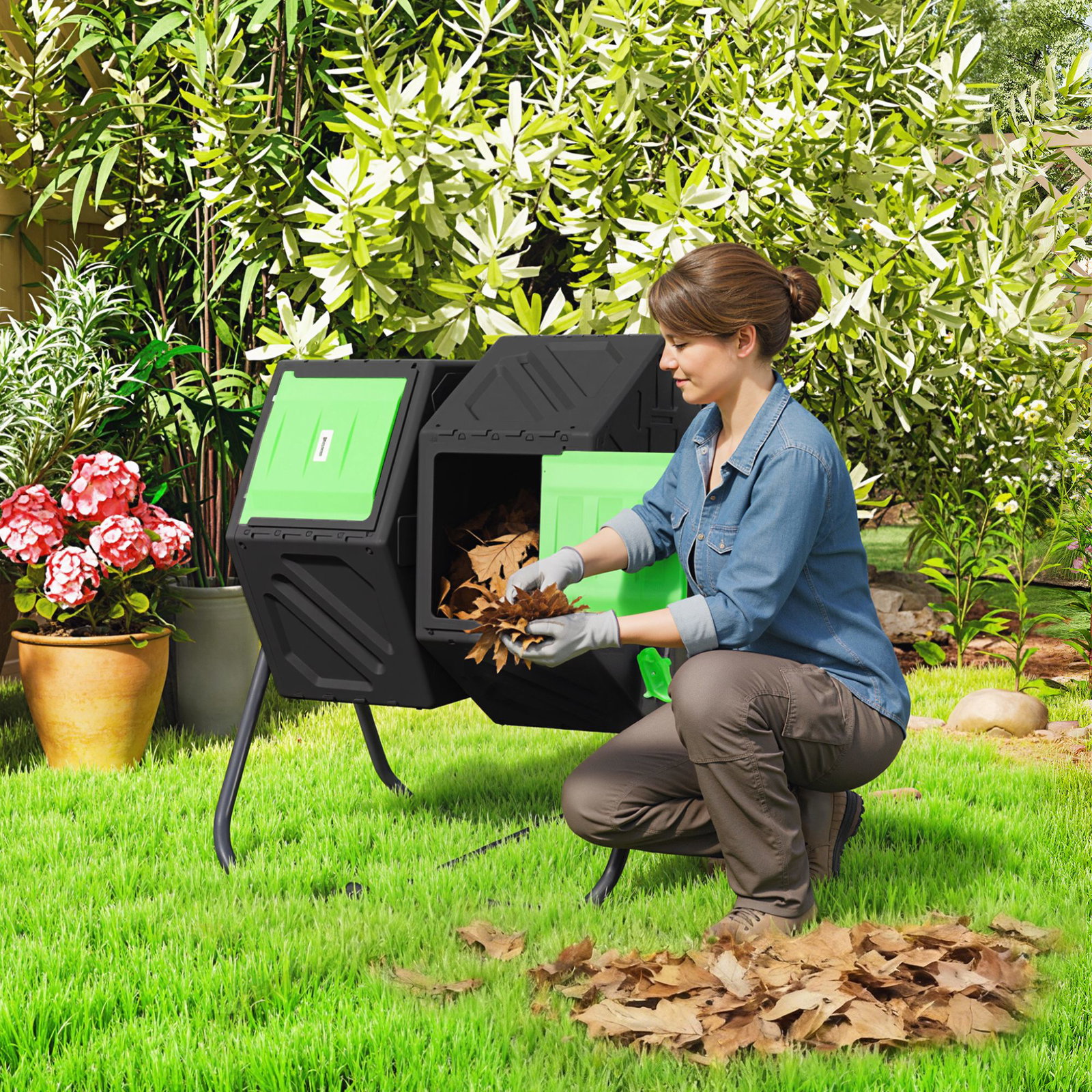 Compostor giratório de 130l recipiente de compostagem de jardim de dupla câmara com aberturas de ventilação 67x60x77 cm preto e verde