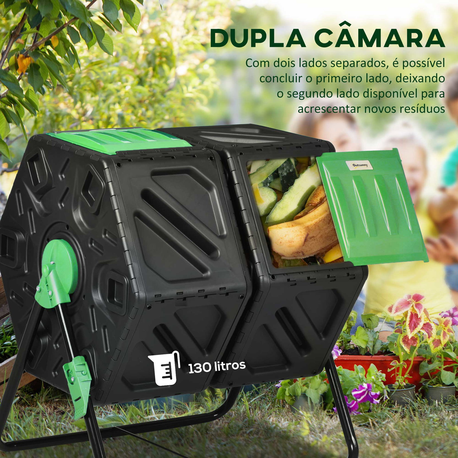 Compostor giratório de 130l recipiente de compostagem de jardim de dupla câmara com aberturas de ventilação 67x60x77 cm preto e verde