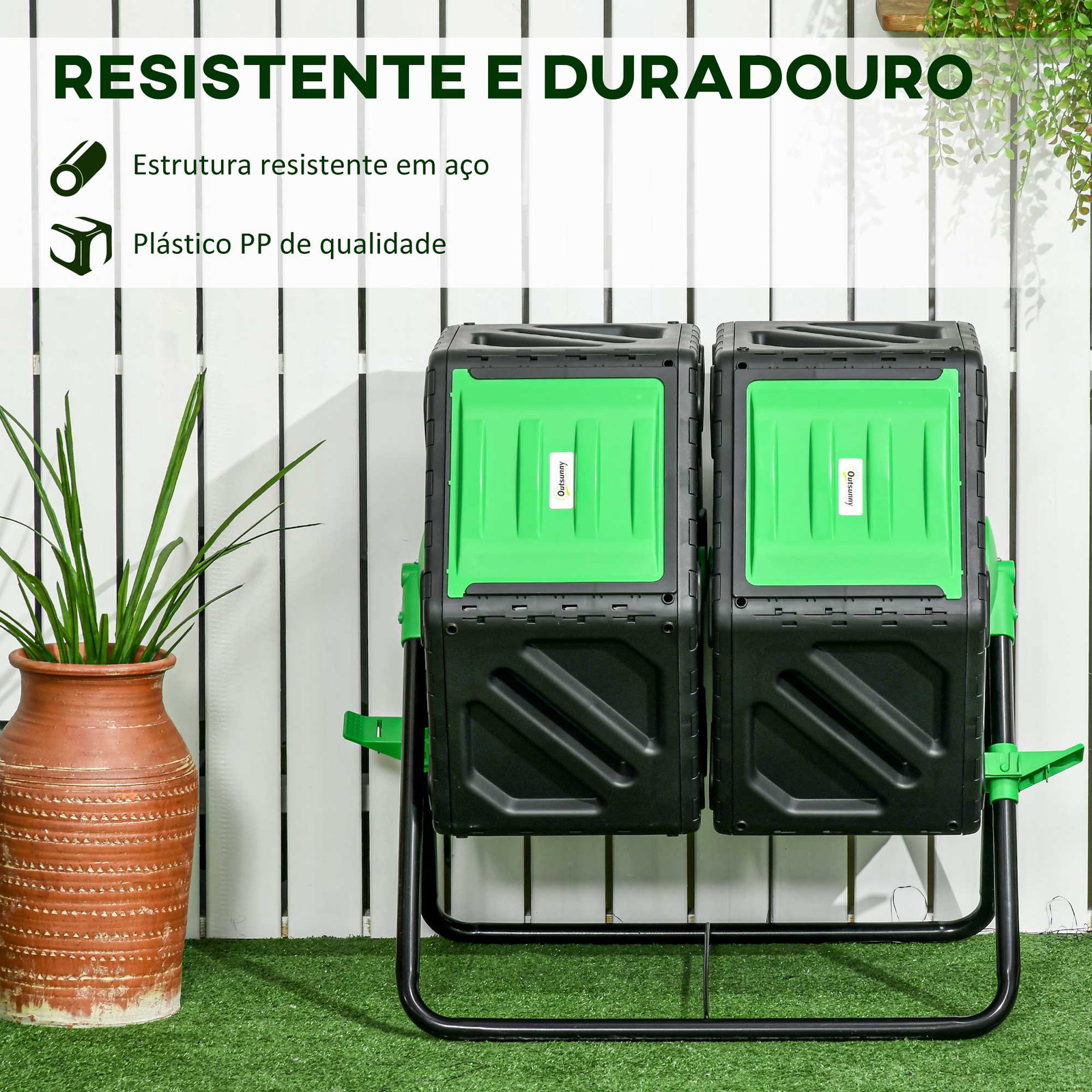 Compostor giratório de 130l recipiente de compostagem de jardim de dupla câmara com aberturas de ventilação 67x60x77 cm preto e verde