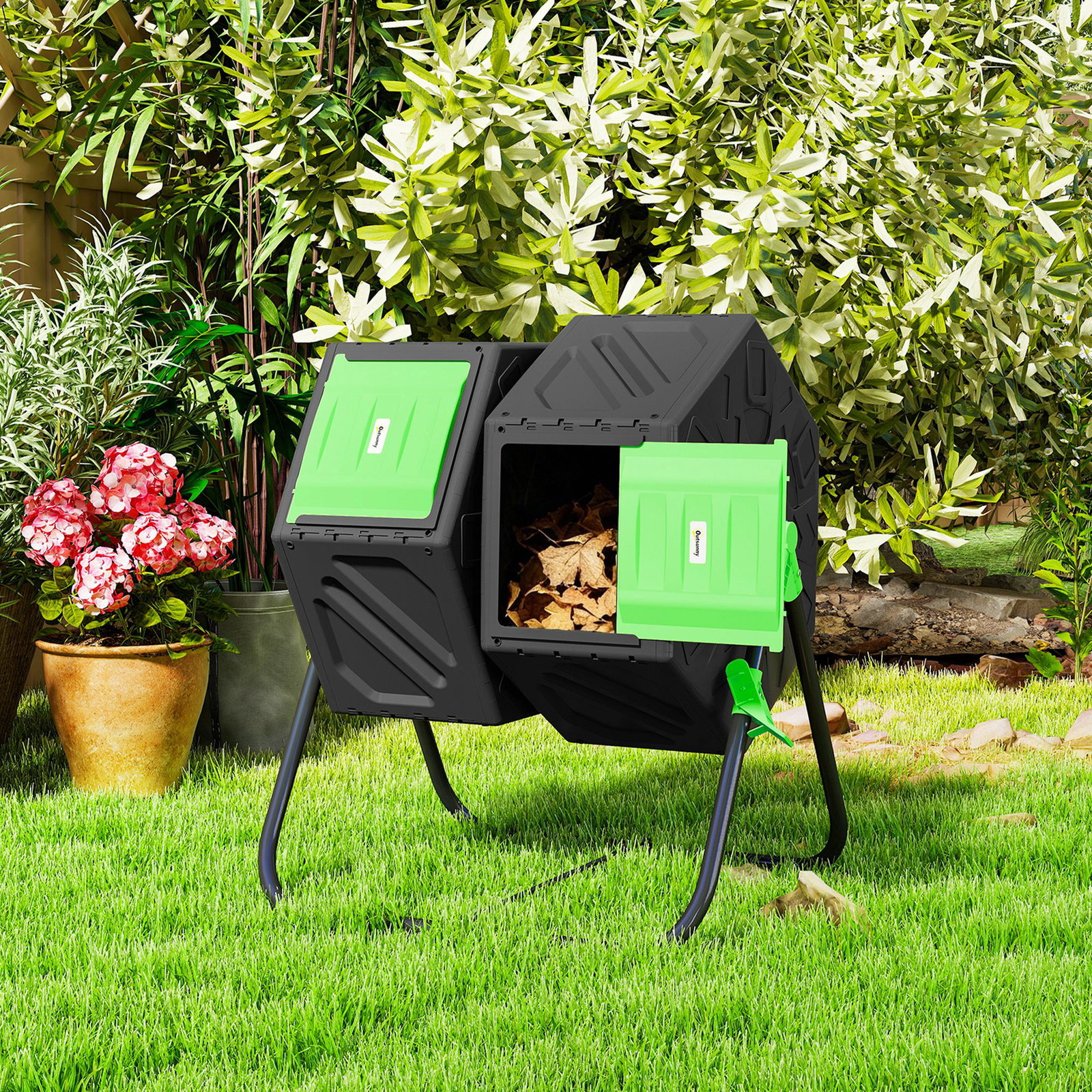 Compostor giratório de 130l recipiente de compostagem de jardim de dupla câmara com aberturas de ventilação 67x60x77 cm preto e verde