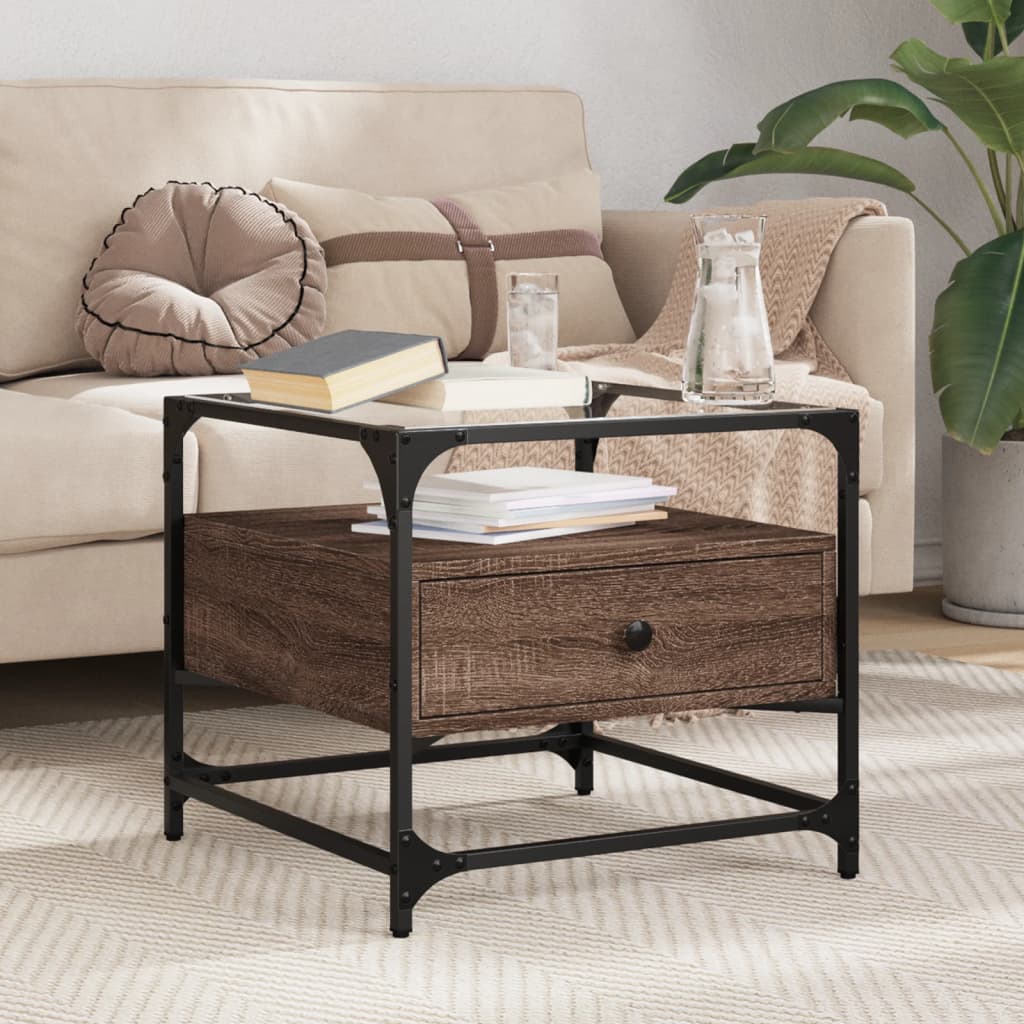 Mesa de centro c/ topo vidro 50x50x45 cm carvalho castanho aço