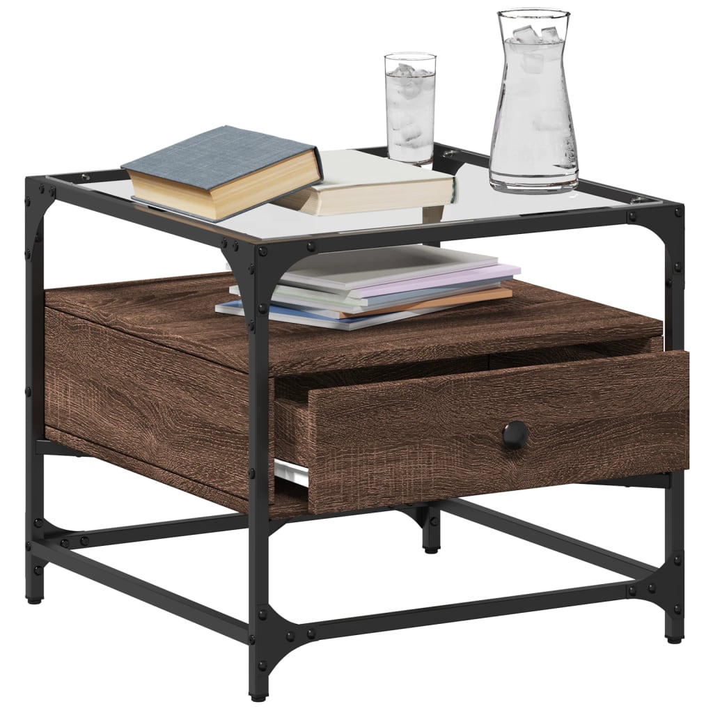 Mesa de centro c/ topo vidro 50x50x45 cm carvalho castanho aço