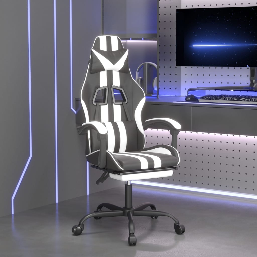 Cadeira de gaming c/ apoio pés couro artificial preto/branco