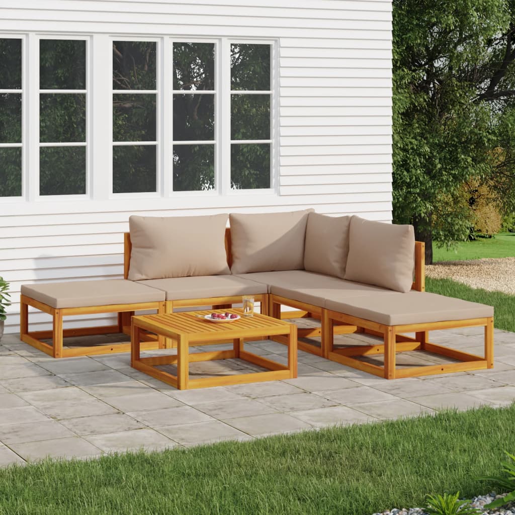 6Pcs conj. lounge jardim madeira c/almofadões cinza-acastanhado