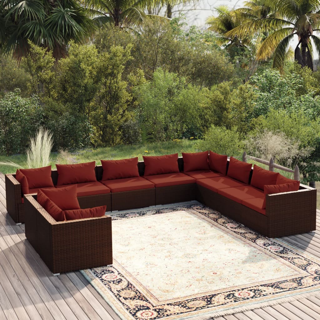 10 Pcs conjunto lounge jardim c/ almofadões vime PE castanho