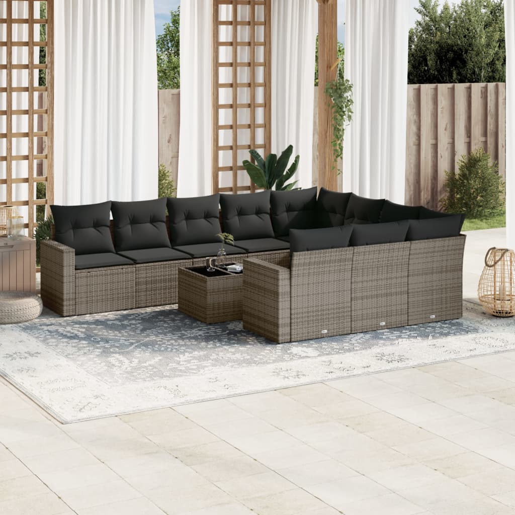 11 Pcs conjunto sofás de jardim c/ almofadões vime PE cinzento
