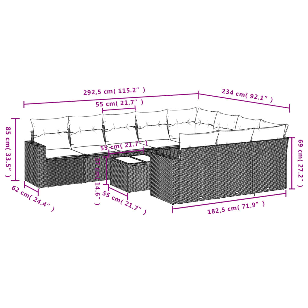 11 Pcs conjunto sofás de jardim c/ almofadões vime PE cinzento