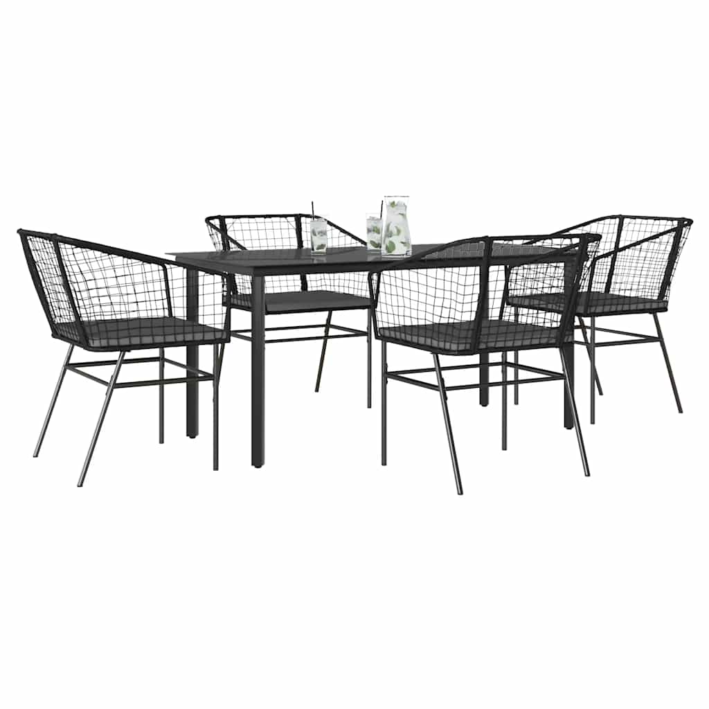 Conjunto de jantar jardim 5 peças almofadas vidro vime PE preto