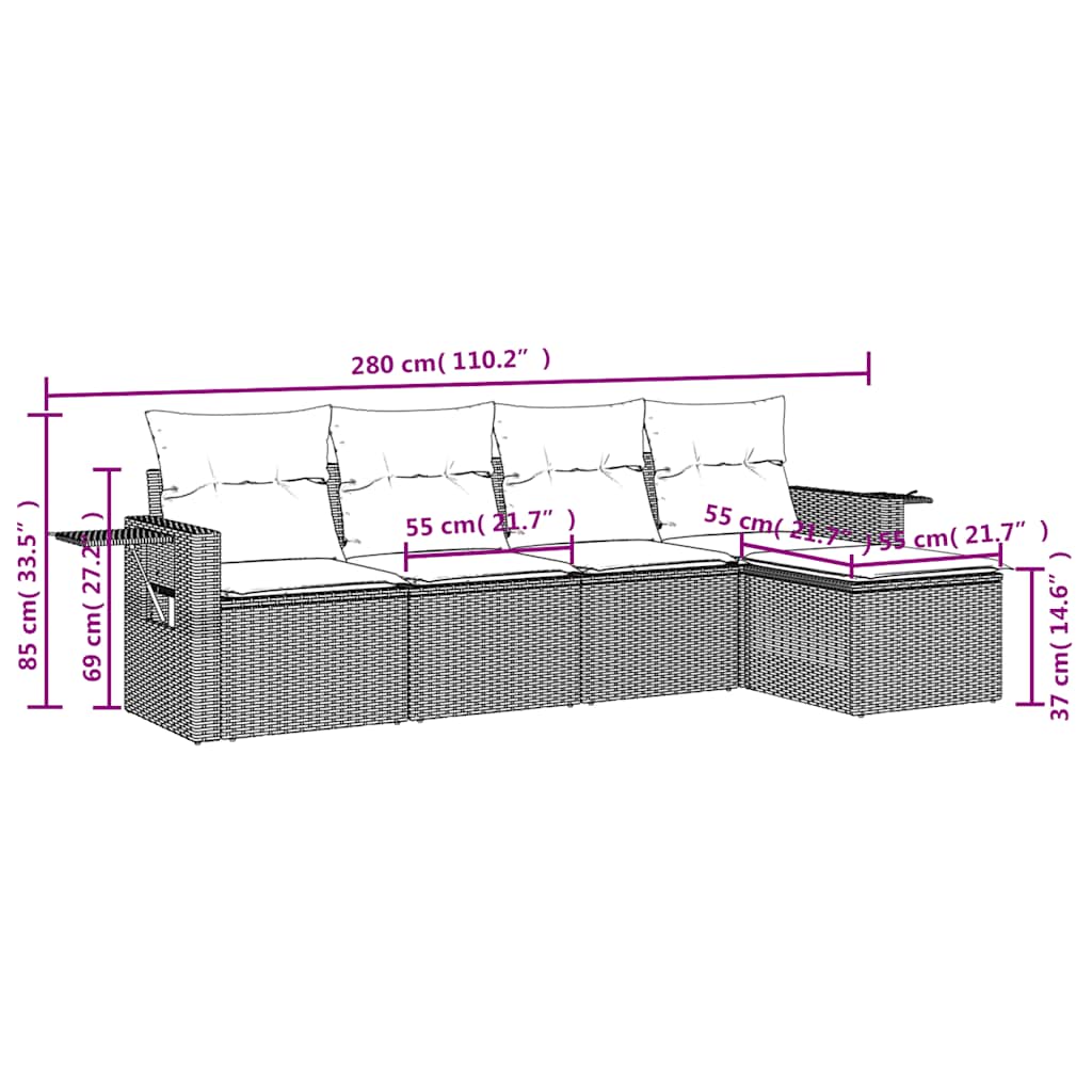 5 Pcs conjunto sofás de jardim com almofadões vime PE preto