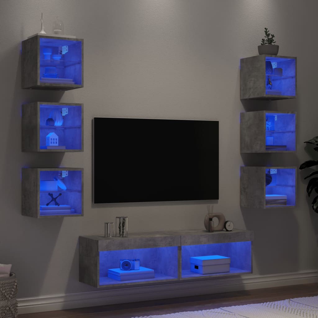 8 Pcs móveis parede p/ TV c/ leds deriv. madeira cinza cimento