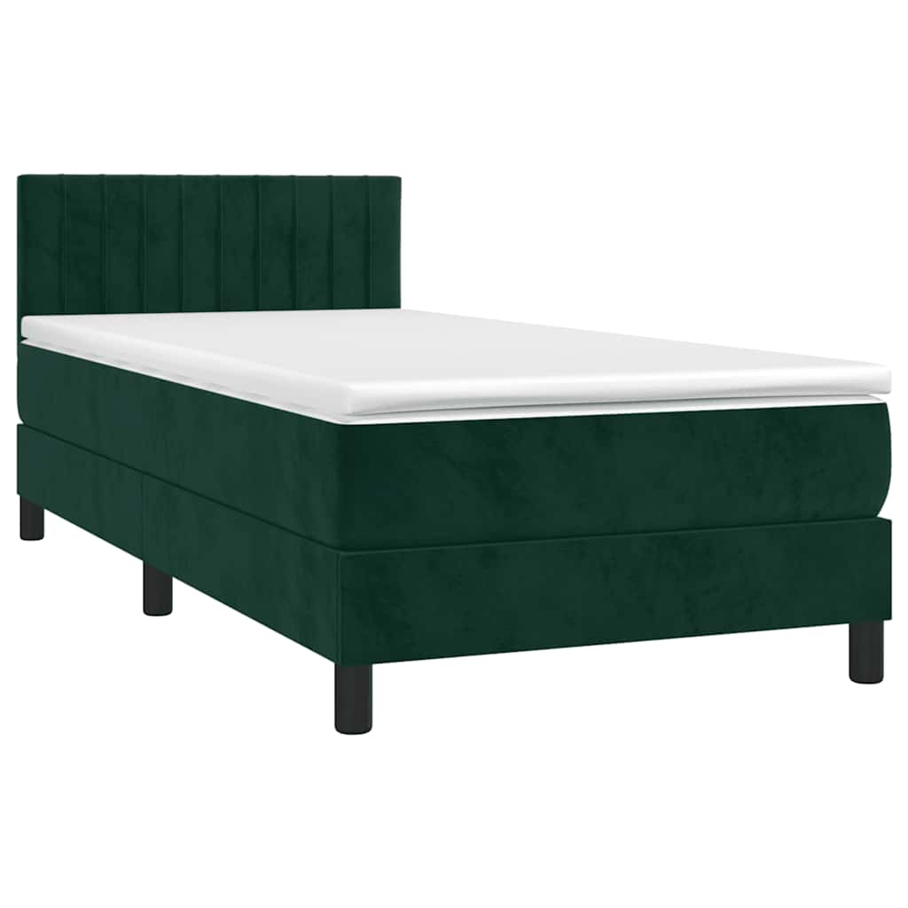 Cama box spring c/ colchão/LED 100x200 cm veludo verde-escuro