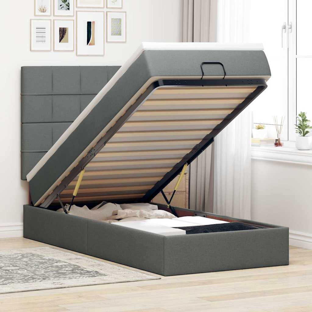 Estrutura cama otomana colchão 100x200cm tecido cinzento escuro