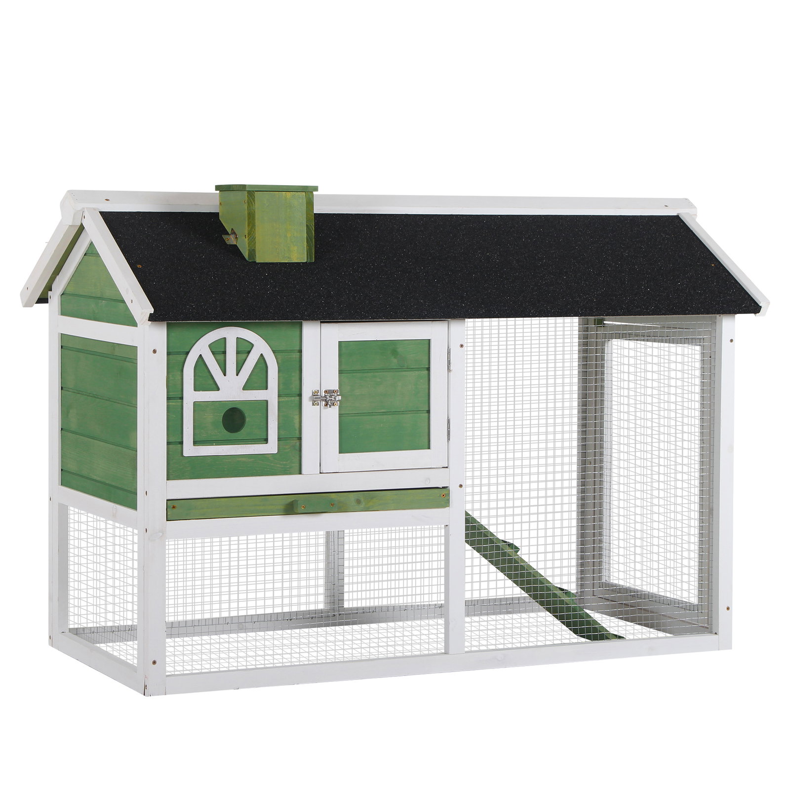 Coelheira de madeira 120x60x79 cm coelheira com teto asfáltico bandeja removível escada e chaminé para exterior verde