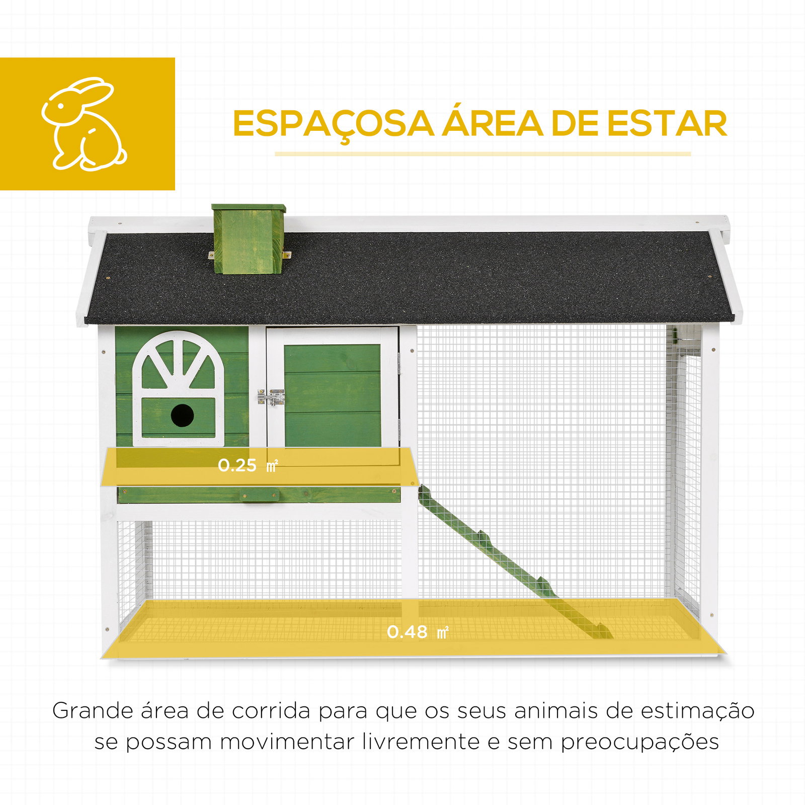 Coelheira de madeira 120x60x79 cm coelheira com teto asfáltico bandeja removível escada e chaminé para exterior verde