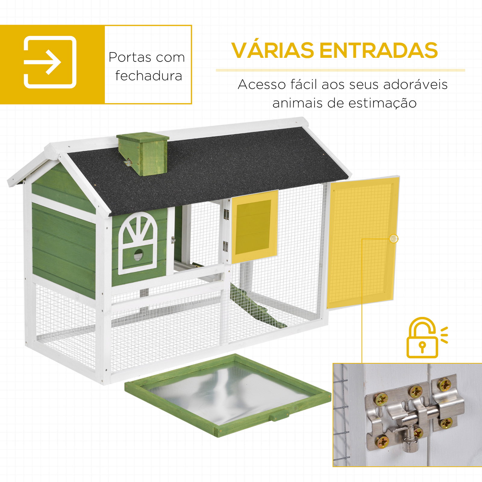 Coelheira de madeira 120x60x79 cm coelheira com teto asfáltico bandeja removível escada e chaminé para exterior verde