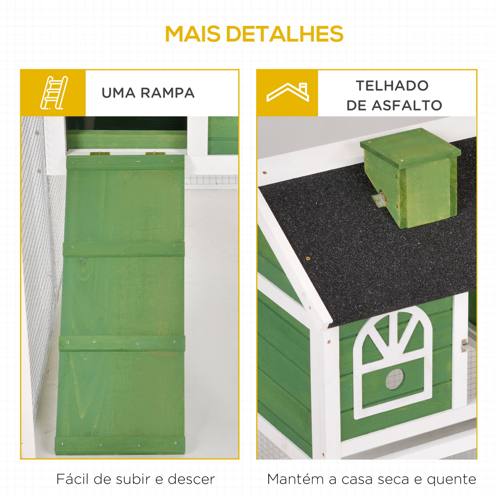 Coelheira de madeira 120x60x79 cm coelheira com teto asfáltico bandeja removível escada e chaminé para exterior verde