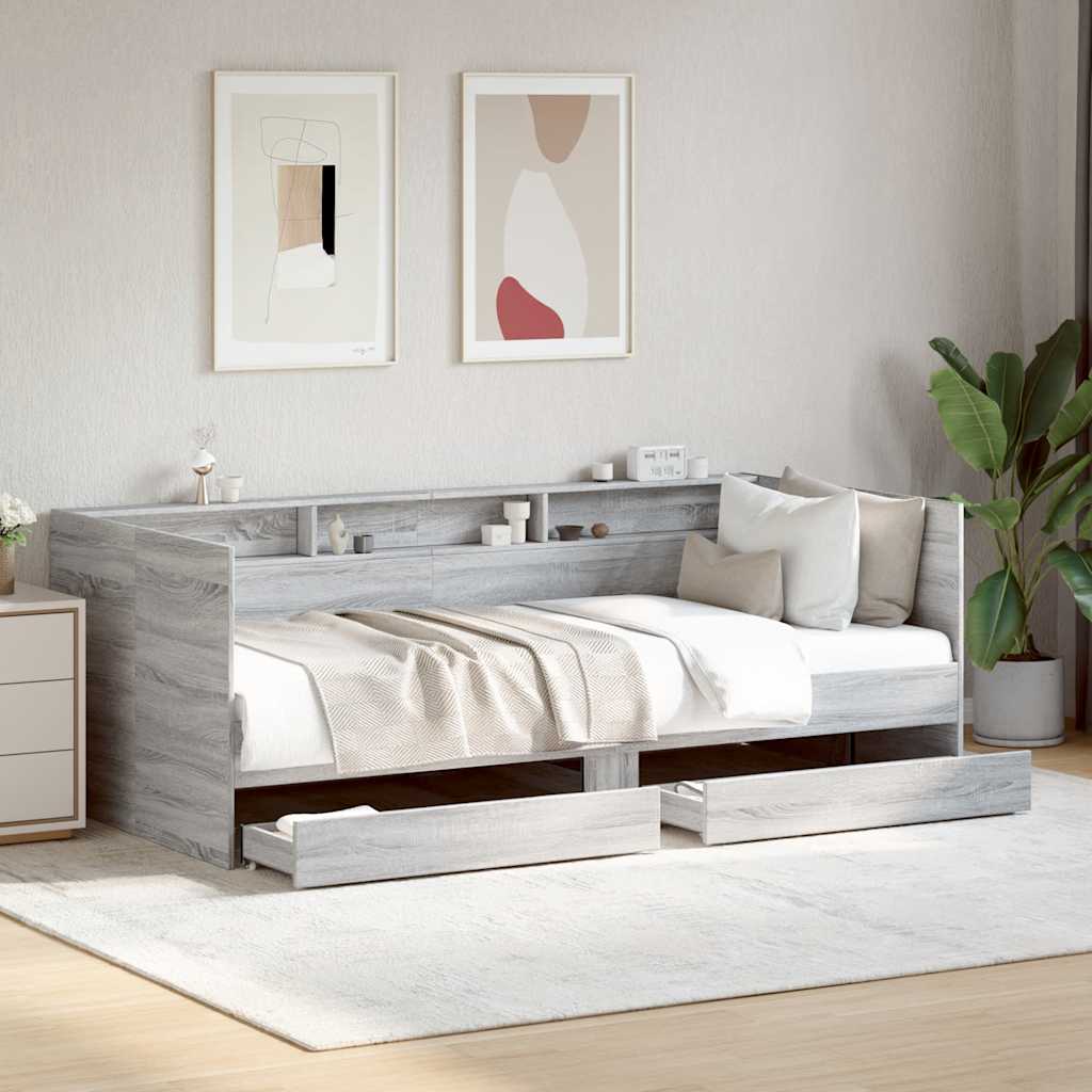 Sofá-cama com gavetas sem colchão 75x190 cm cinzento sonoma