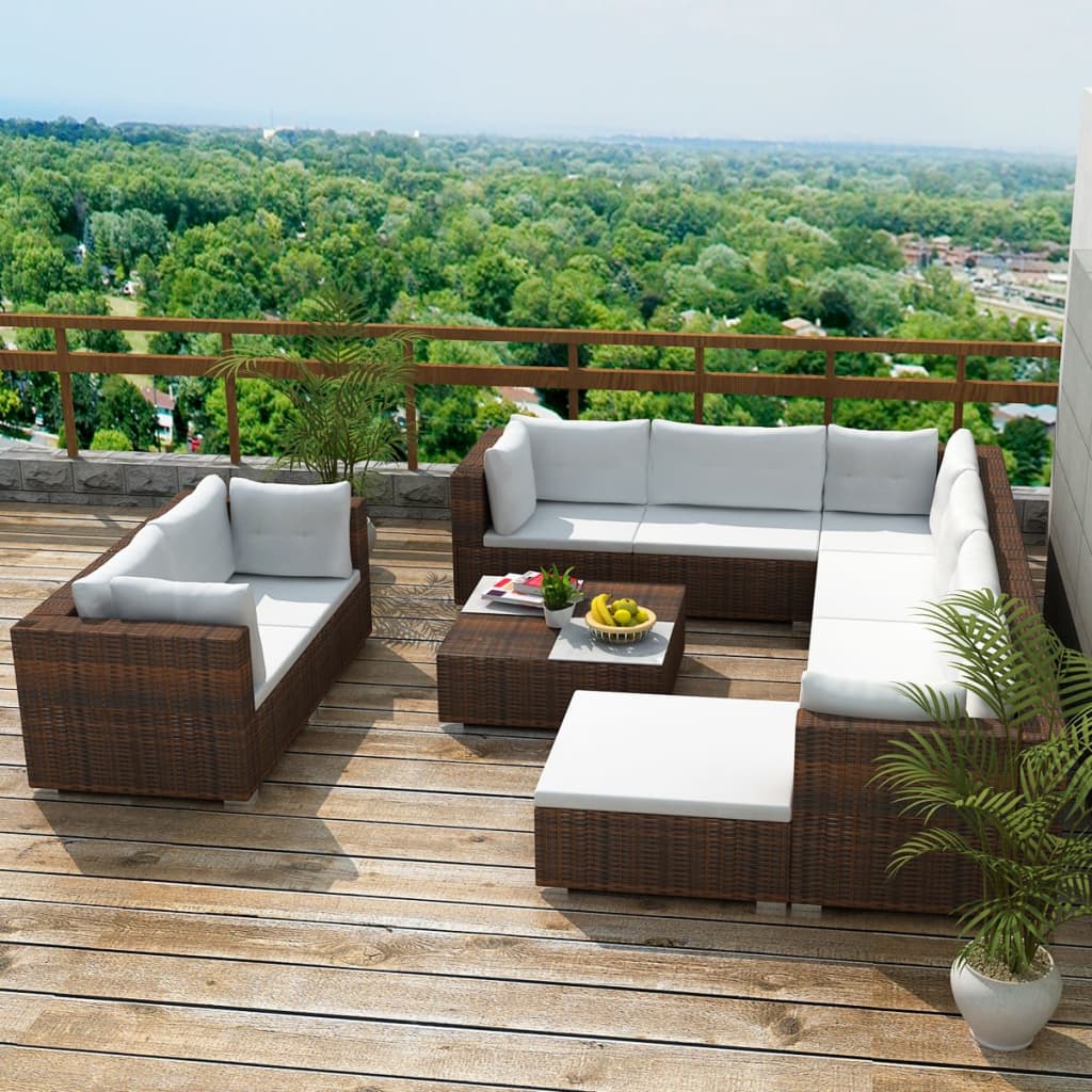 10 Pcs conjunto lounge jardim c/ almofadões vime PE castanho