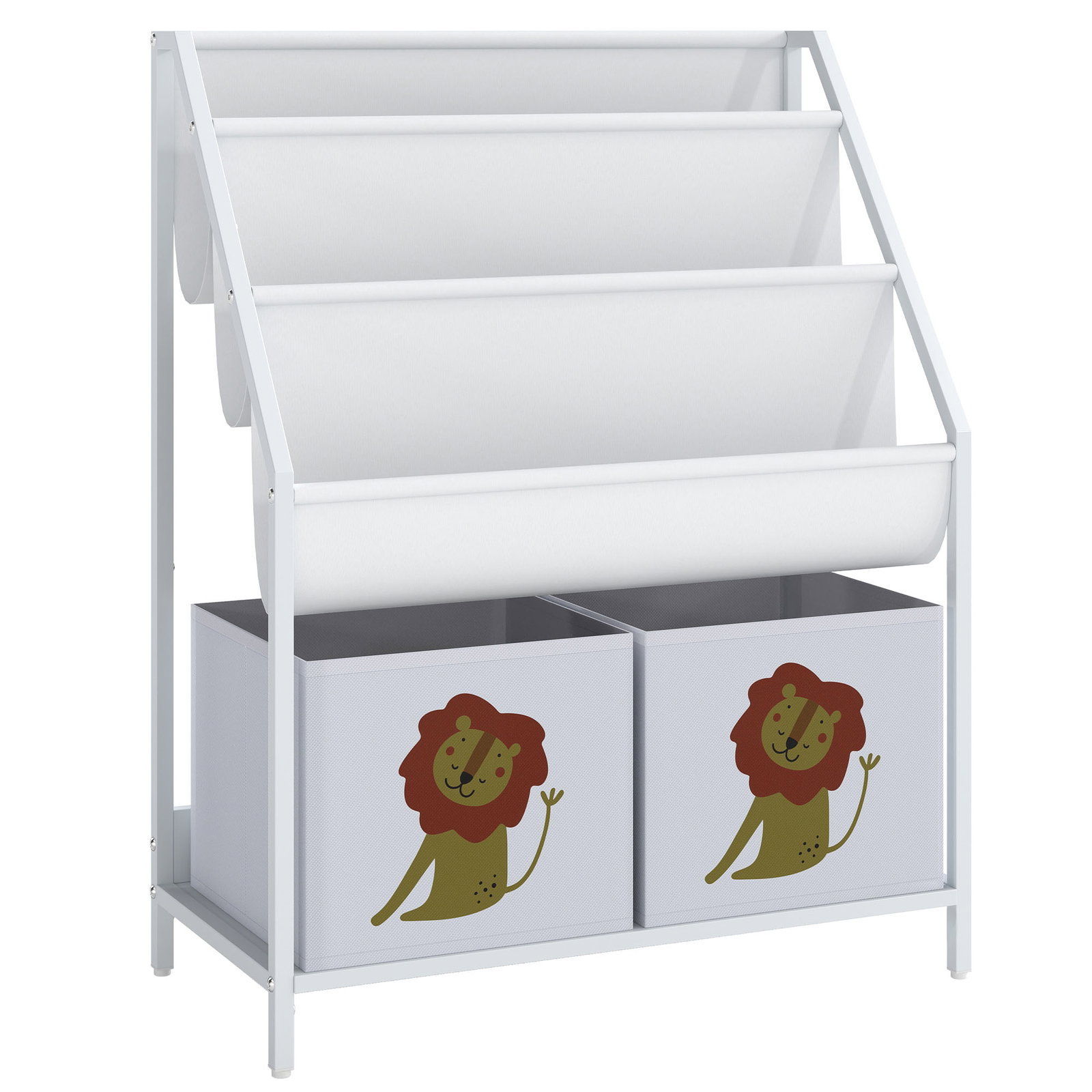 Estante infantil para livros 4 níveis com 3 prateleiras e 2 gavetas em tecido, design leão, branco