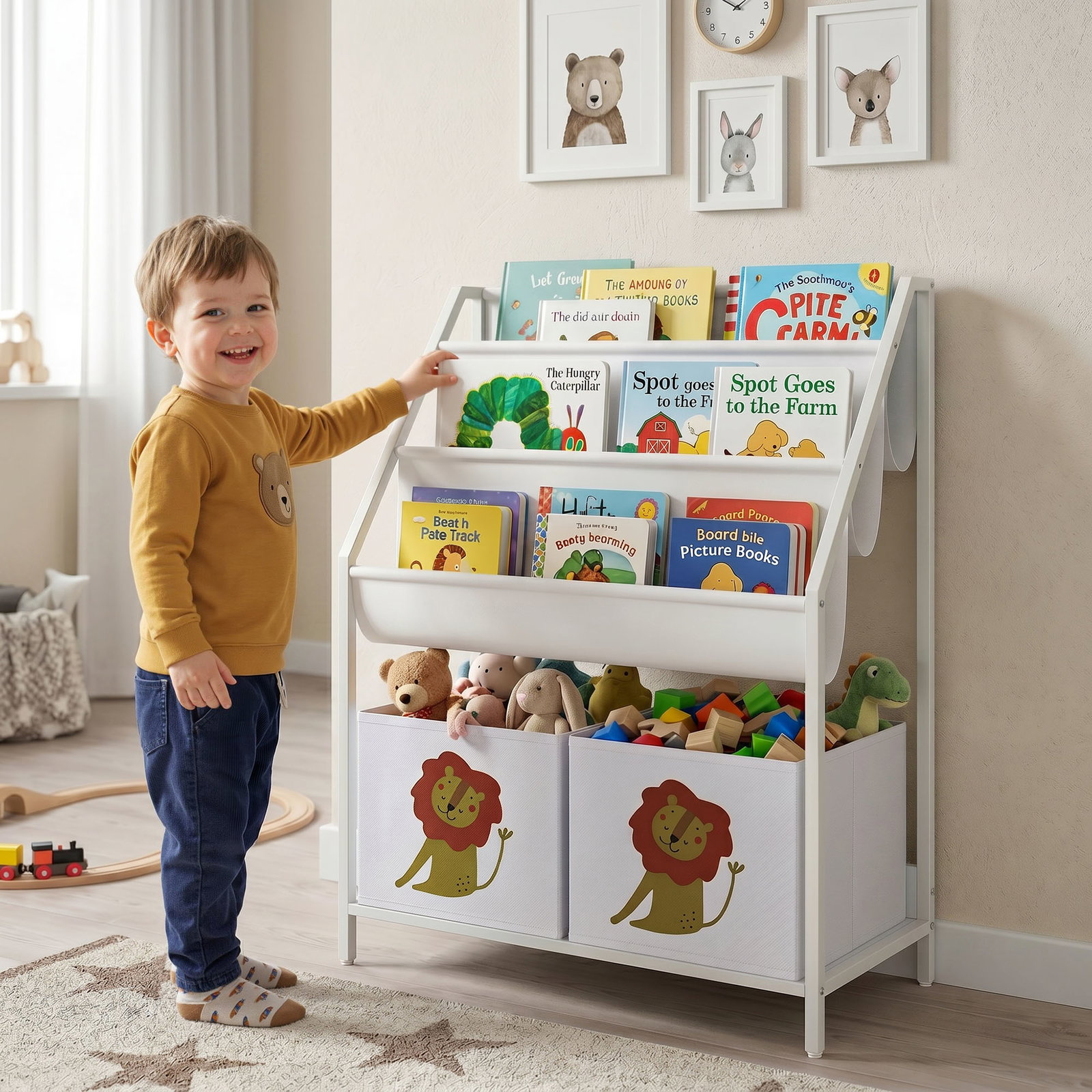 Estante infantil para livros 4 níveis com 3 prateleiras e 2 gavetas em tecido, design leão, branco