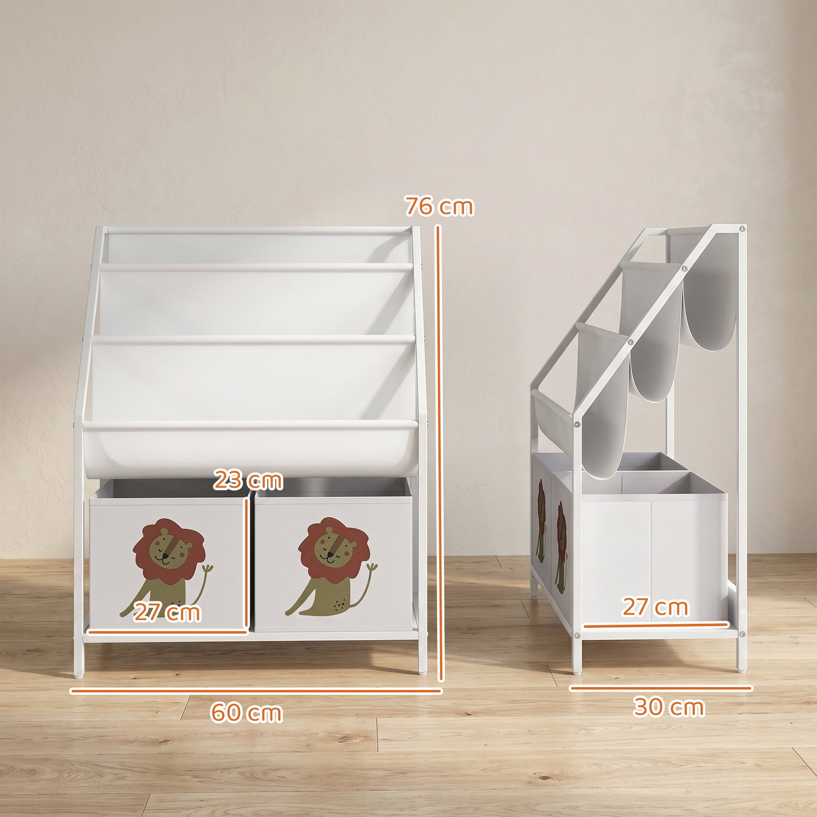 Estante infantil para livros 4 níveis com 3 prateleiras e 2 gavetas em tecido, design leão, branco