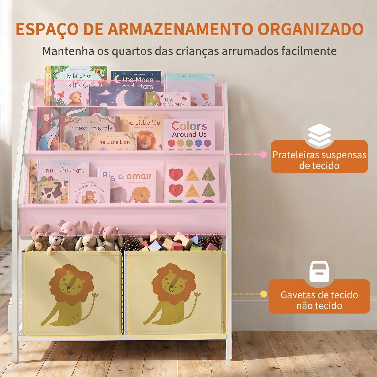 Estante infantil para livros 4 níveis com 3 prateleiras e 2 gavetas em tecido, design leão, branco