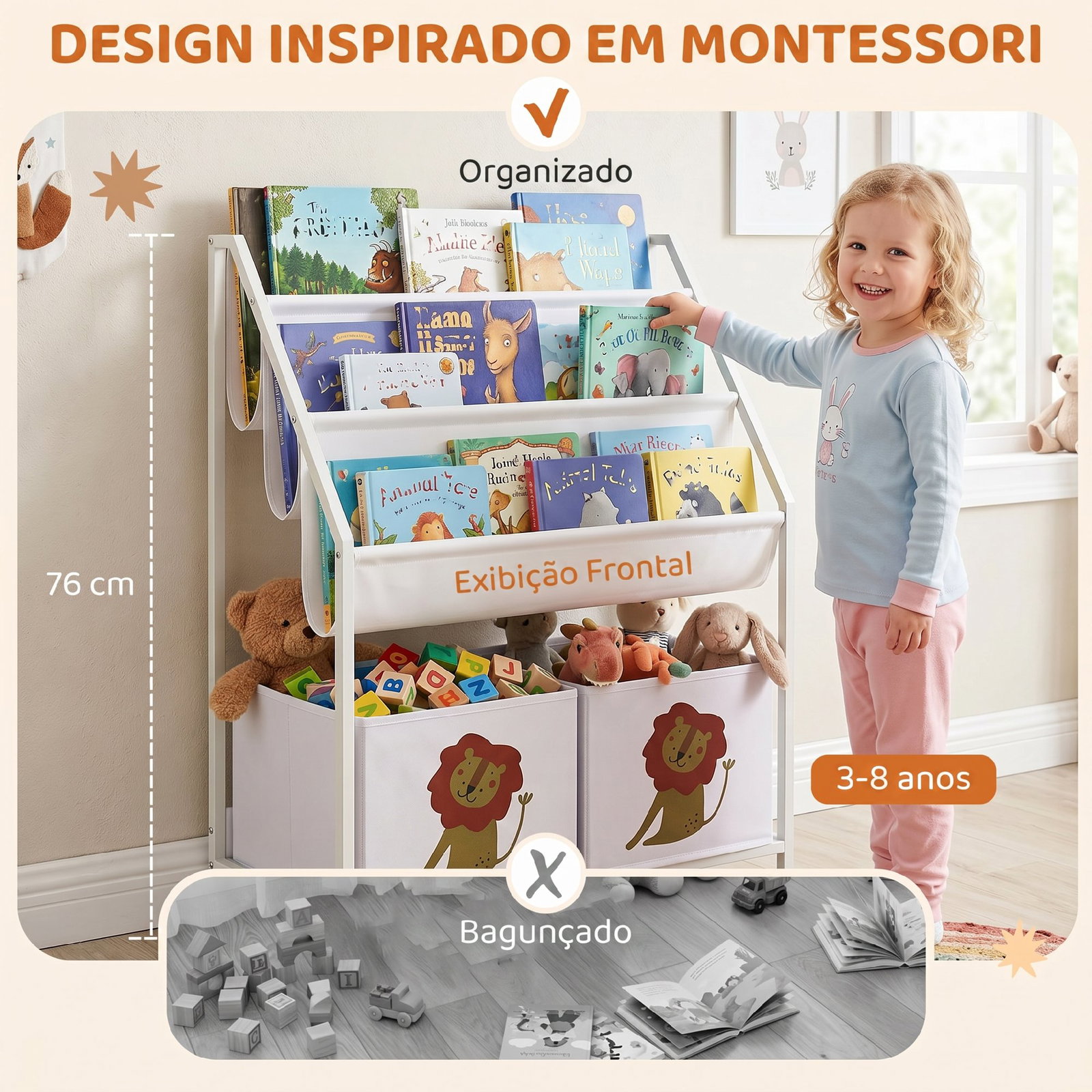 Estante infantil para livros 4 níveis com 3 prateleiras e 2 gavetas em tecido, design leão, branco
