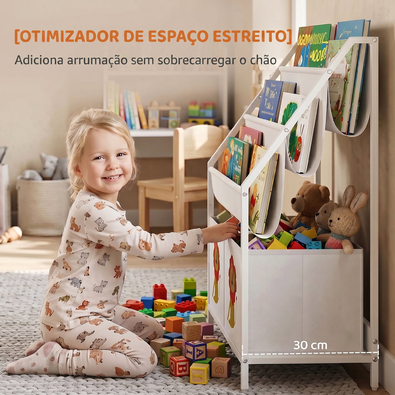 Estante infantil para livros 4 níveis com 3 prateleiras e 2 gavetas em tecido, design leão, branco