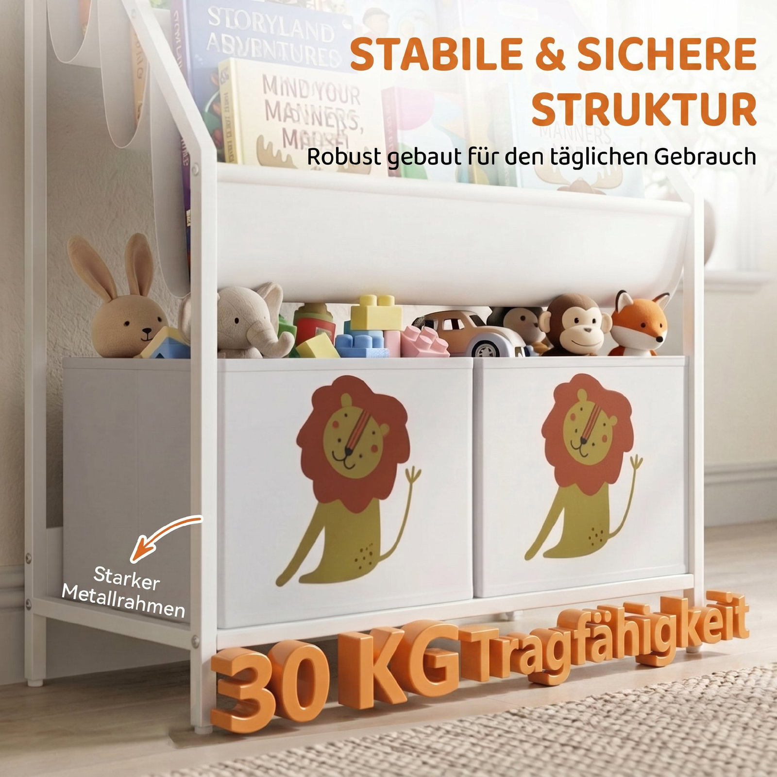 Estante infantil para livros 4 níveis com 3 prateleiras e 2 gavetas em tecido, design leão, branco