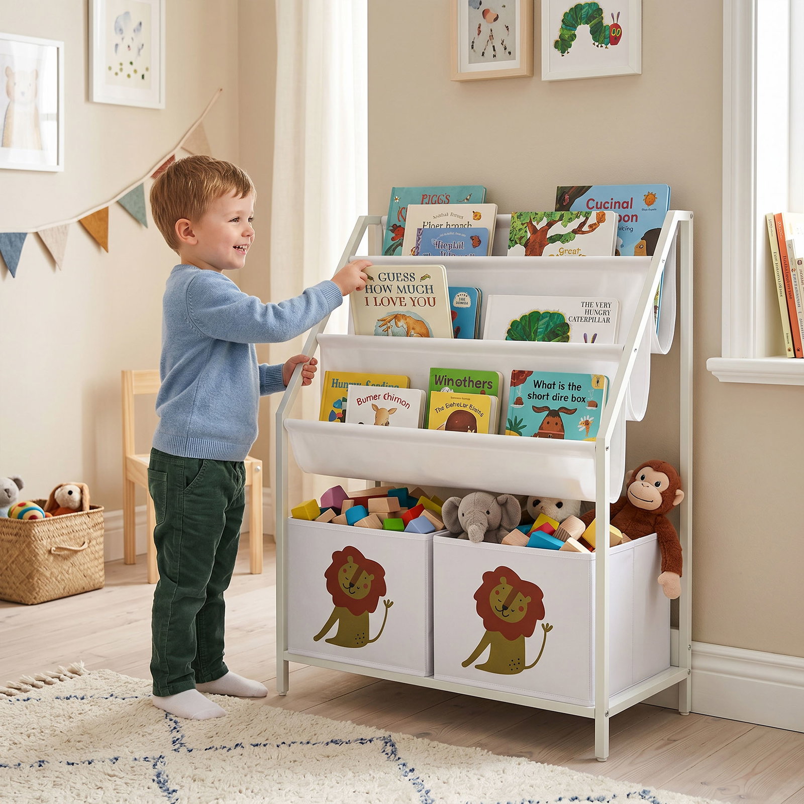 Estante infantil para livros 4 níveis com 3 prateleiras e 2 gavetas em tecido, design leão, branco