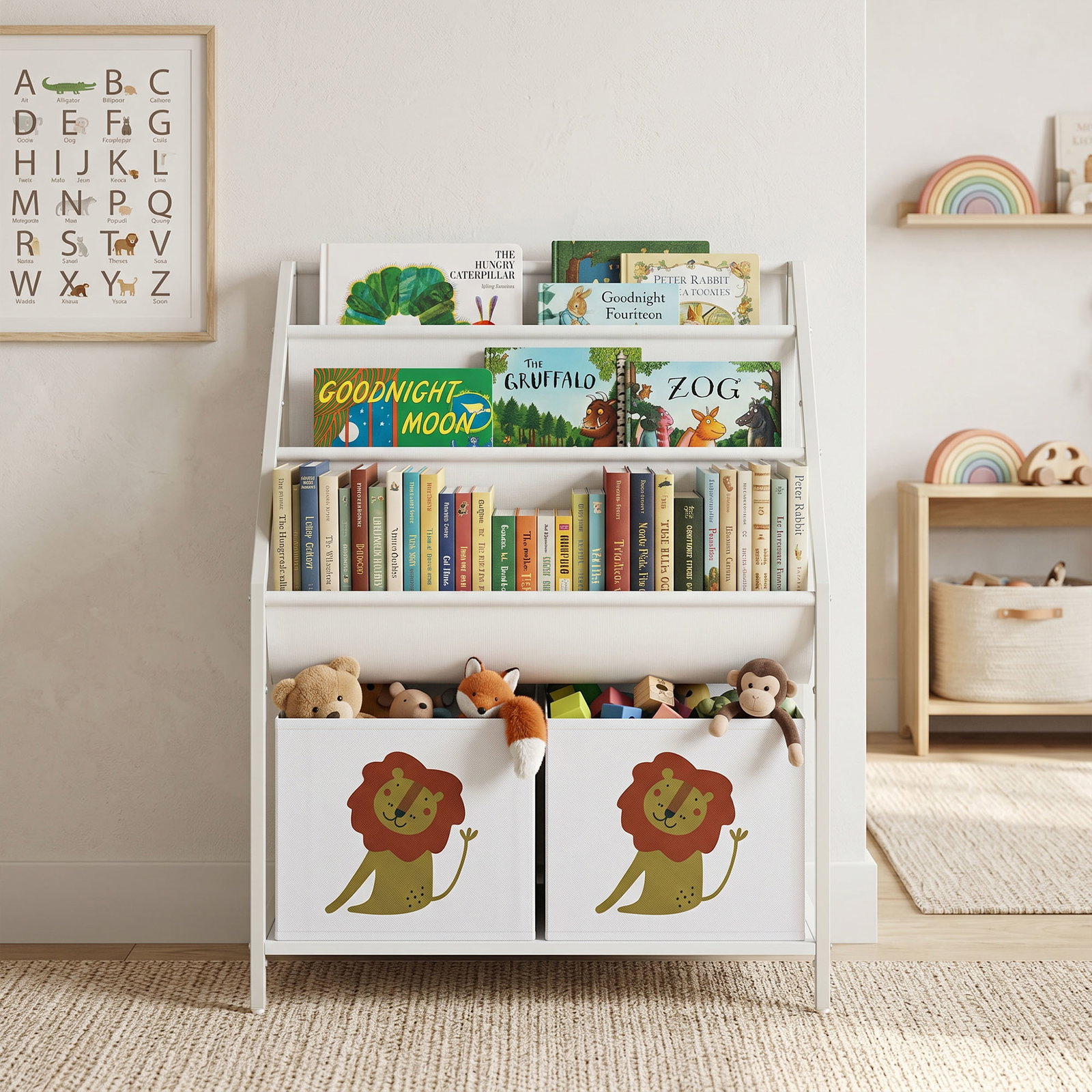 Estante infantil para livros 4 níveis com 3 prateleiras e 2 gavetas em tecido, design leão, branco