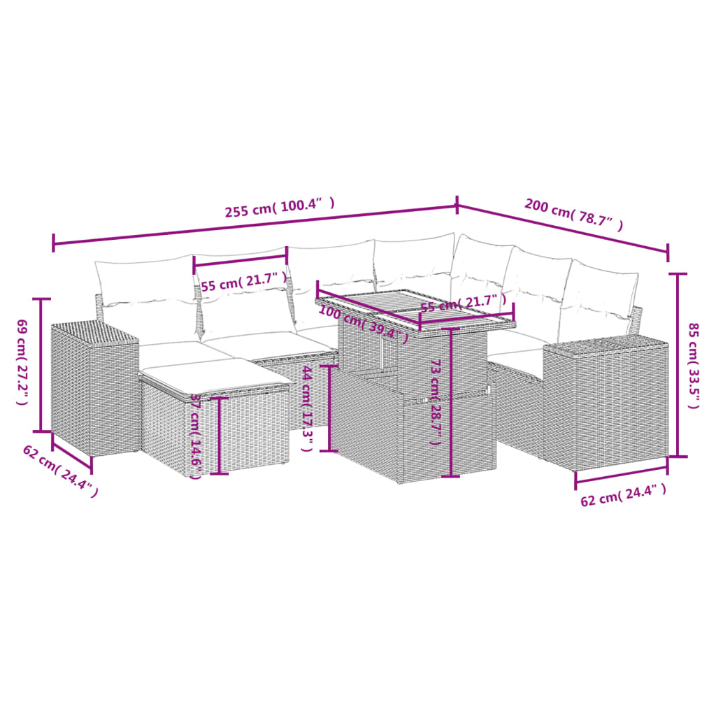 8 Pcs conjunto sofás de jardim com almofadões vime PE preto